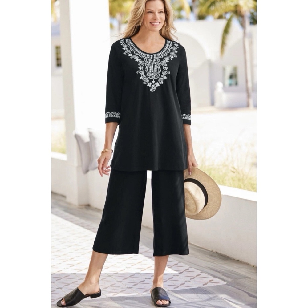 WOMEN COASTAL RESORT TOP 3X COTTON BLACK EMBROIDERED TROPICAL VACATION CRUISE